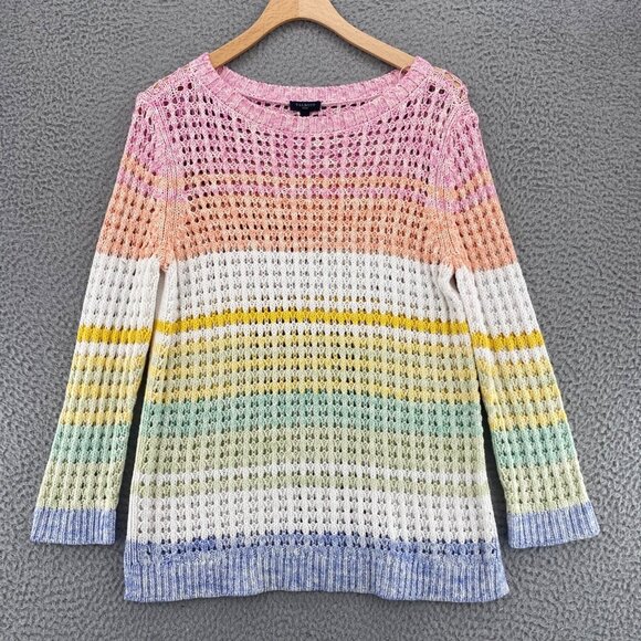 Talbots Sweater Women Medium Petite Multicolor Stripe Open Crochet Knit Pullover - Picture 1 of 9